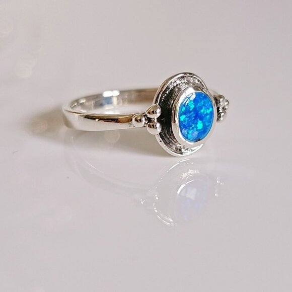 Sterling Silver Blue Opal Ring, Beaded Lab Opal Ring, Bali Opal Ring, Beaded - Picture 5 of 6